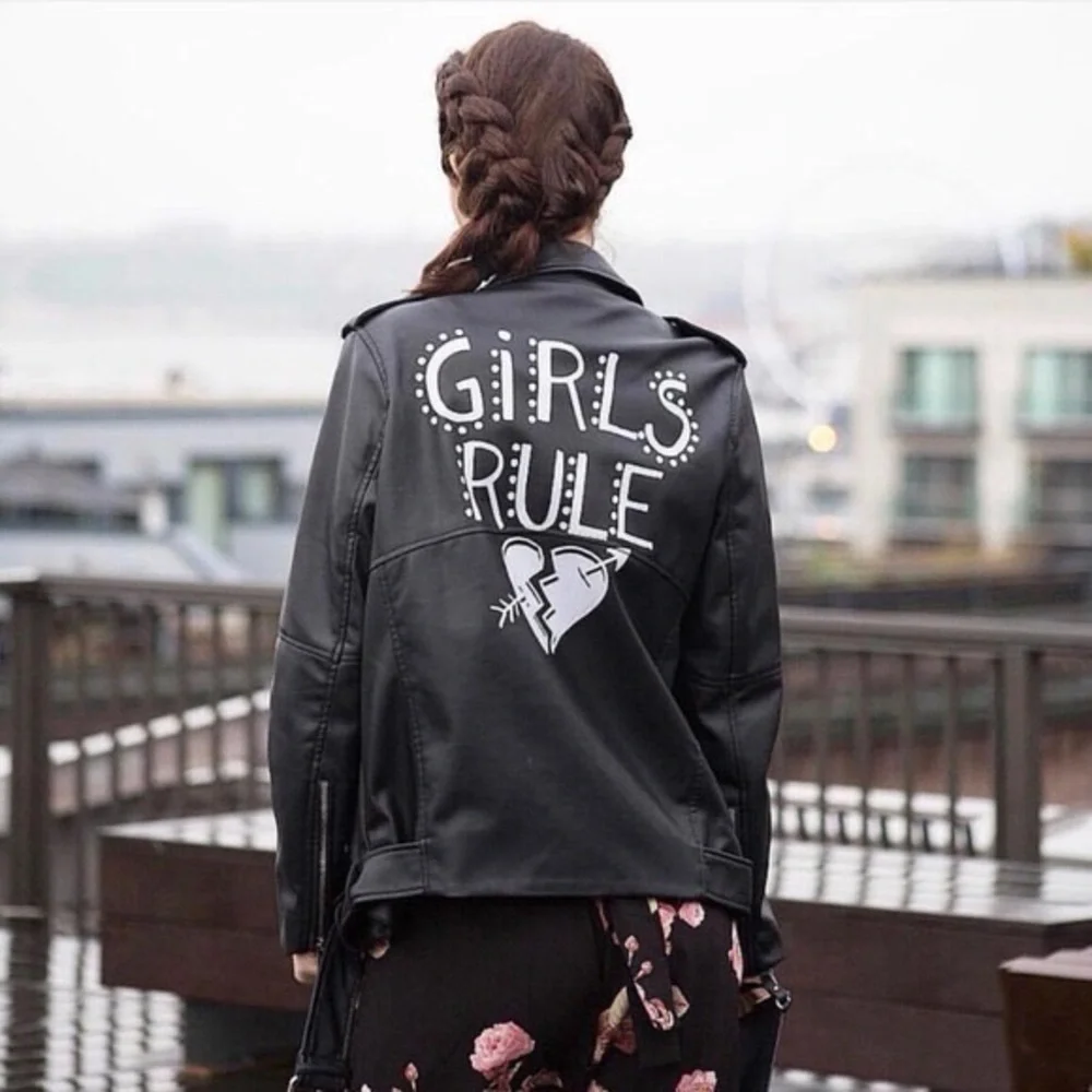 Zara Vegan Leather Edgy Moto Biker Jacket XS Girls Rule Slogan Bloggers Favorite - Picture 2 of 16
